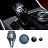 A crystal gear shift knob lever for BMW models shown in various views and components.