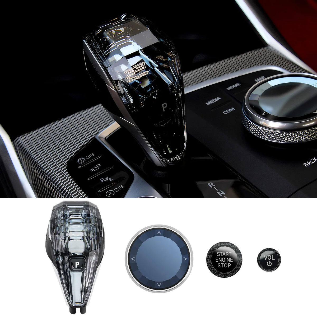 A crystal gear shift knob lever for BMW models shown in various views and components.