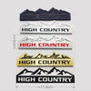A set of five layered decals featuring mountain silhouettes and the text HIGH COUNTRY in black, silver, red, and gold.