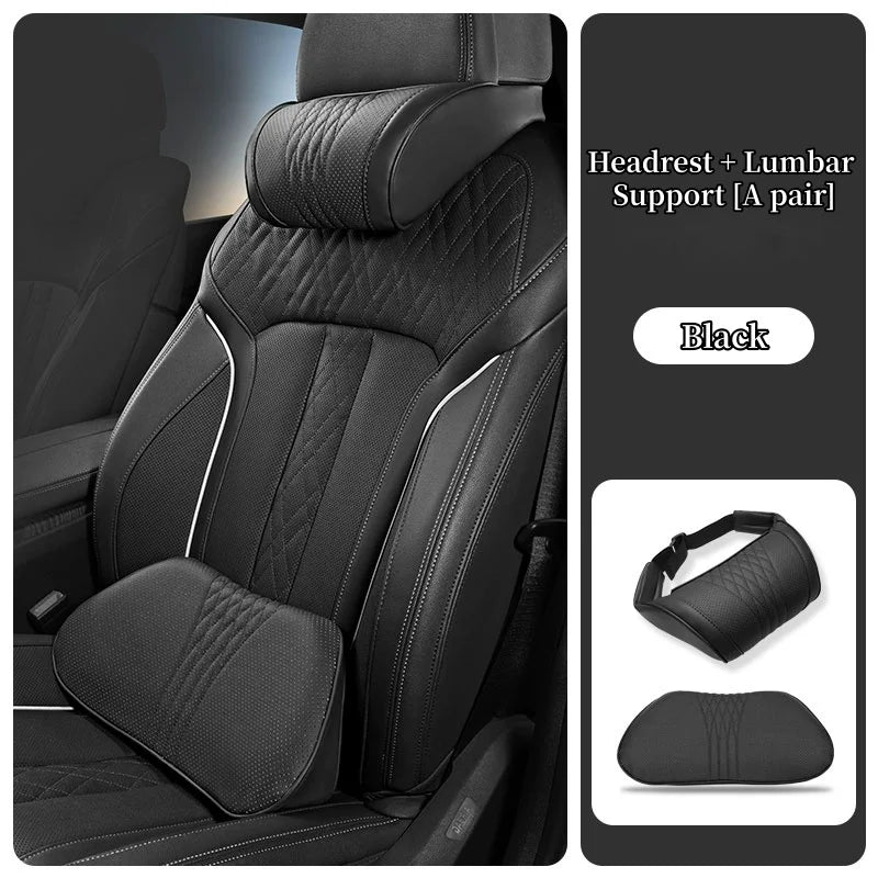 Black headrest and lumbar support pair for car seat comfort