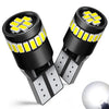 A pair of Canbus error-free T10 LED bulbs with yellow light visible against a white background.