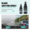 A bottle of glass anti fog spray is shown next to a car interior demonstrating improved visibility.