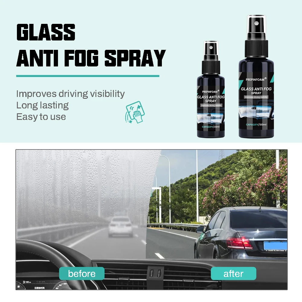 A bottle of glass anti fog spray is shown next to a car interior demonstrating improved visibility.