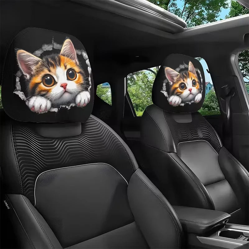 A set of two funny slanted eyes car headrest covers featuring cats in a black and white style.