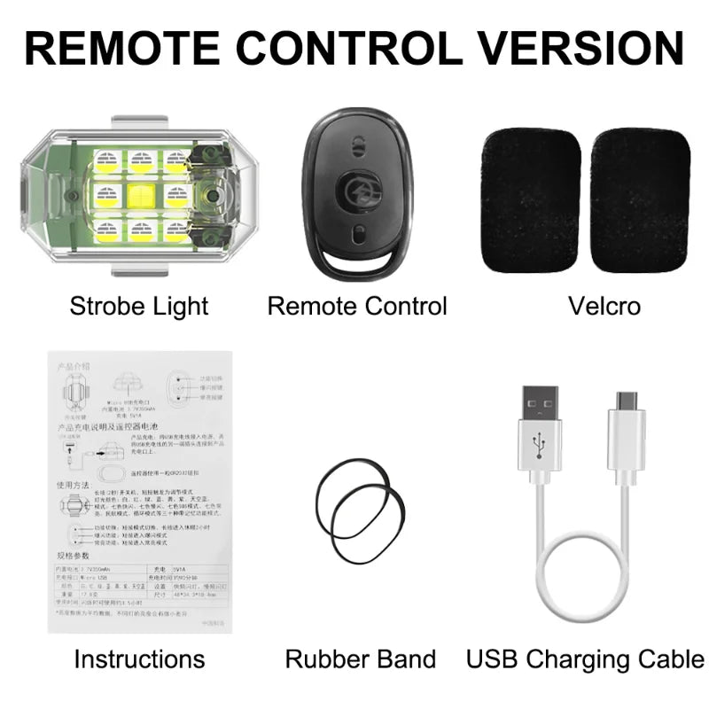 Remote control version of a strobe light featuring a light panel, remote control, velcro, rubber band, and USB charging cable