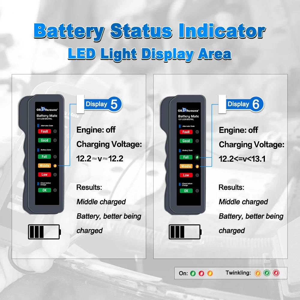 Battery Status Indicator LED light display area showing battery charge levels for Display 5 and Display 6