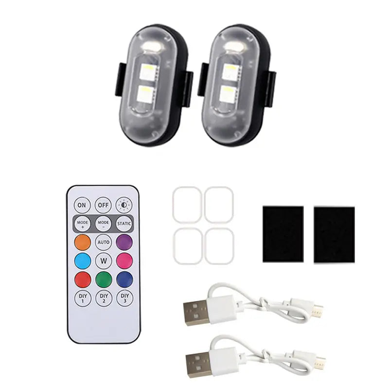 Ein Paar multifunktionale LED-Stroboskoplichter für Fahrzeuge und Drohnen, mit Bedien- und Verkabelungsschaltflächen.