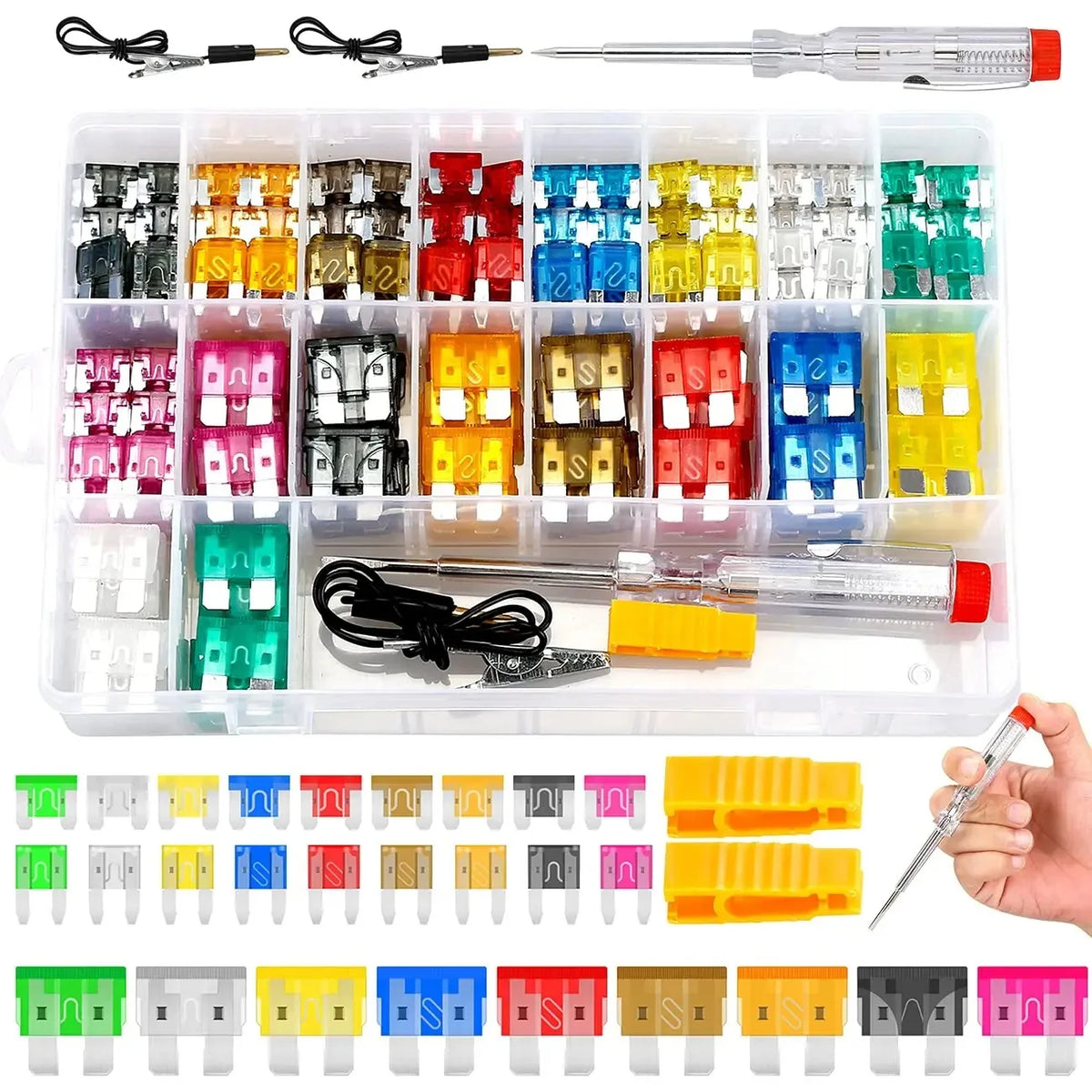 A collection of high-capacity car fuses in various colors and sizes, packaged in a clear plastic case.