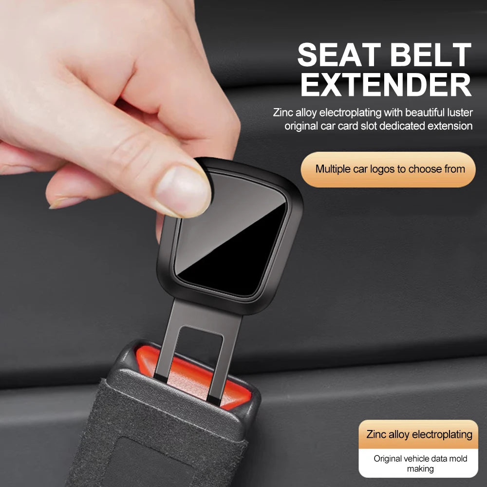 A hand is shown using a seat belt extender with a quick-release buckle to access a car card slot.