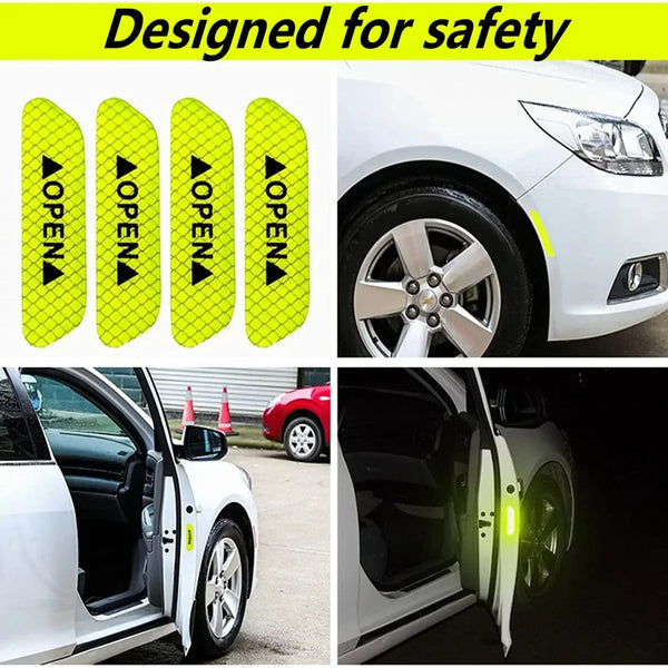 Cuatro calcomanías reflectantes amarillas para seguridad aplicadas en la puerta y rueda de un coche blanco.