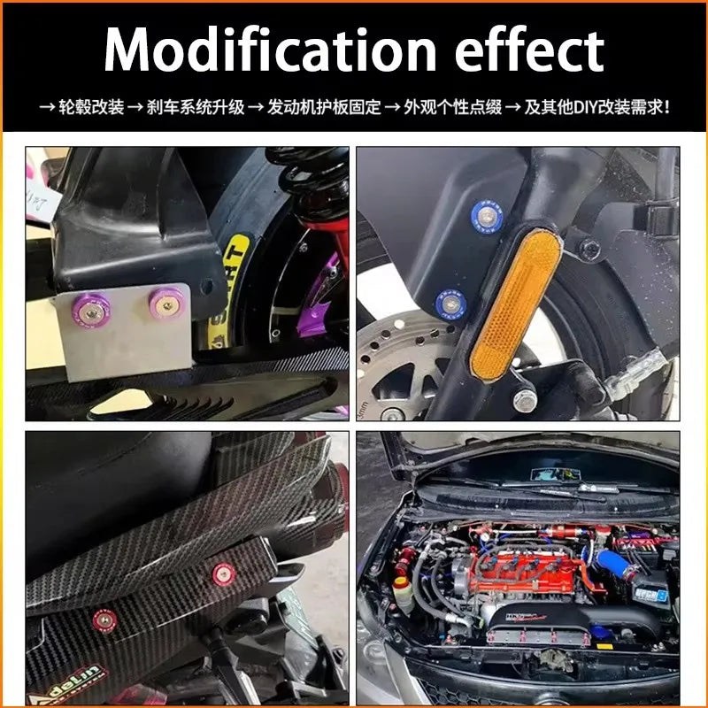Close-up of a modification effect showing automotive color washers and fasteners on a vehicle part.