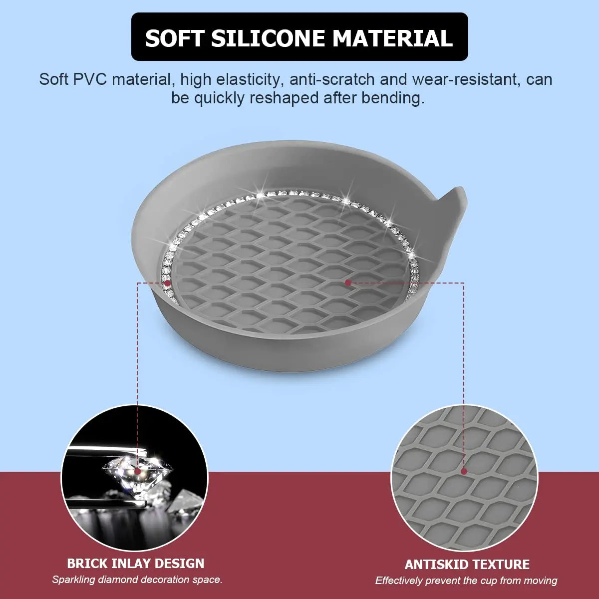 Posavasos de silicona gris con textura antideslizante y espacio para decoración de diamantes brillantes.