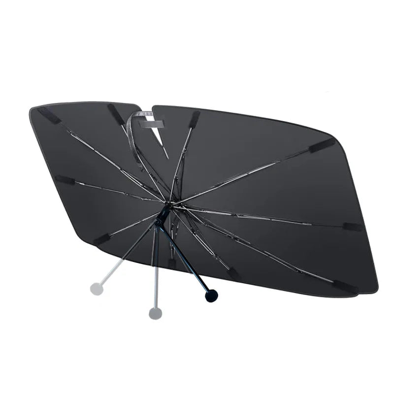 A black foldable car windshield sun shade with a bendable handle shown from above.