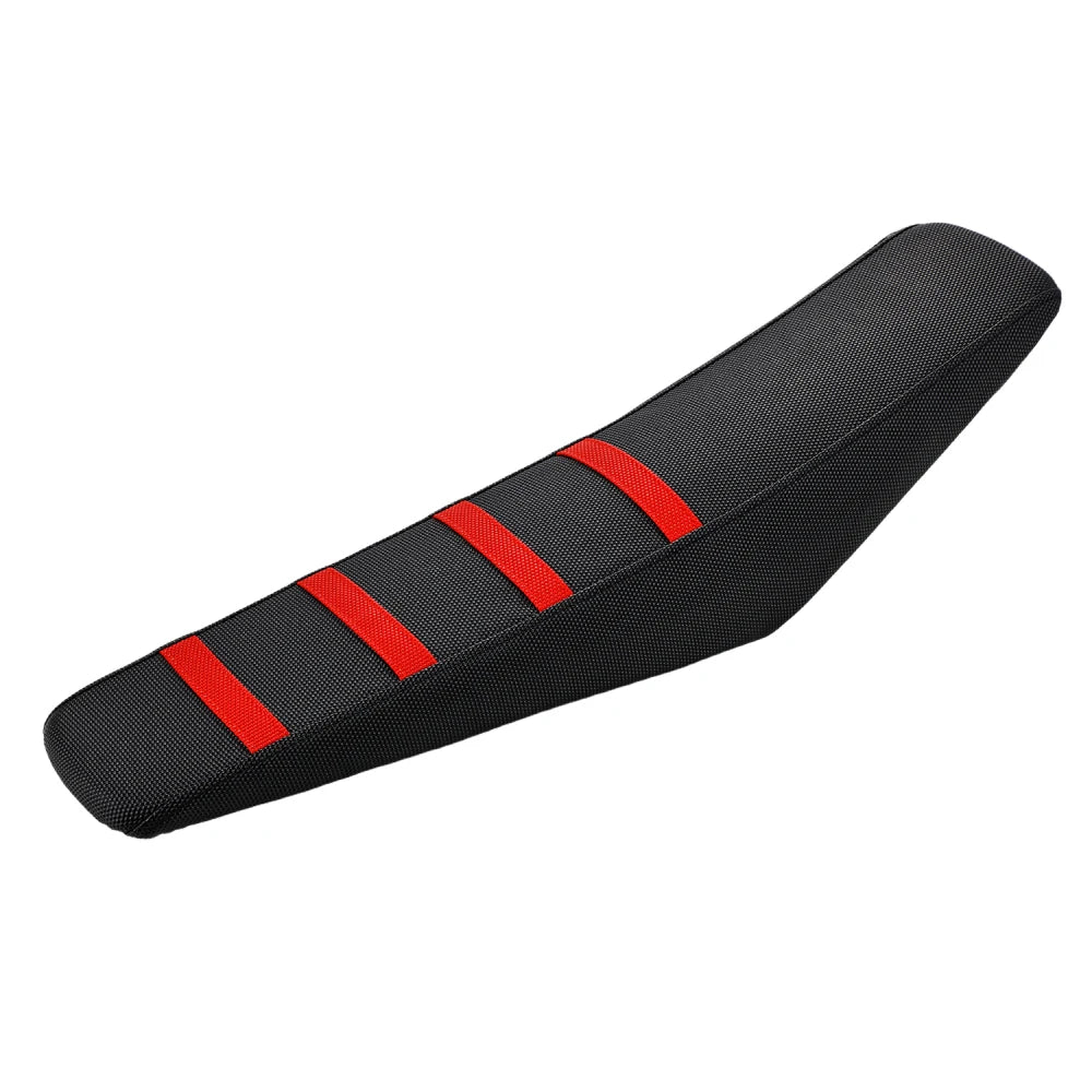 Black motorcycle seat cover protector with red stripes on a black fabric background