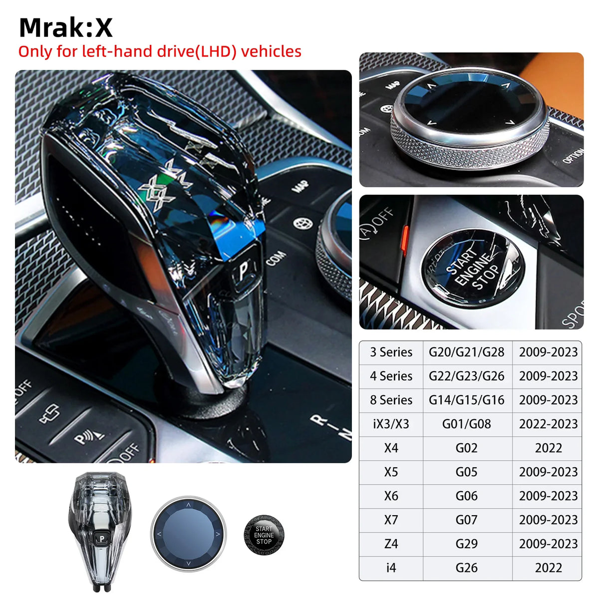 A crystal gear shift knob lever for various BMW models shown alongside a standalone shifter and stop button.