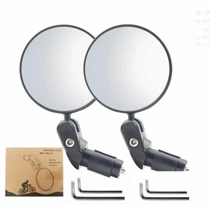 A pair of round, adjustable motorcycle rearview mirrors with mounting brackets and adjustment screws.