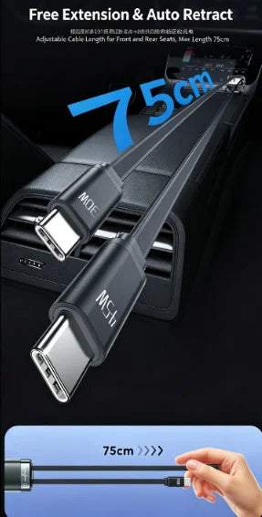 A close-up view of a black retractable cable extension for a car charger, showing its length and connection points.