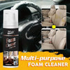 A bottle of Multi-purpose Foam Cleaner spray next to a car interior with close-ups of cleaning results.