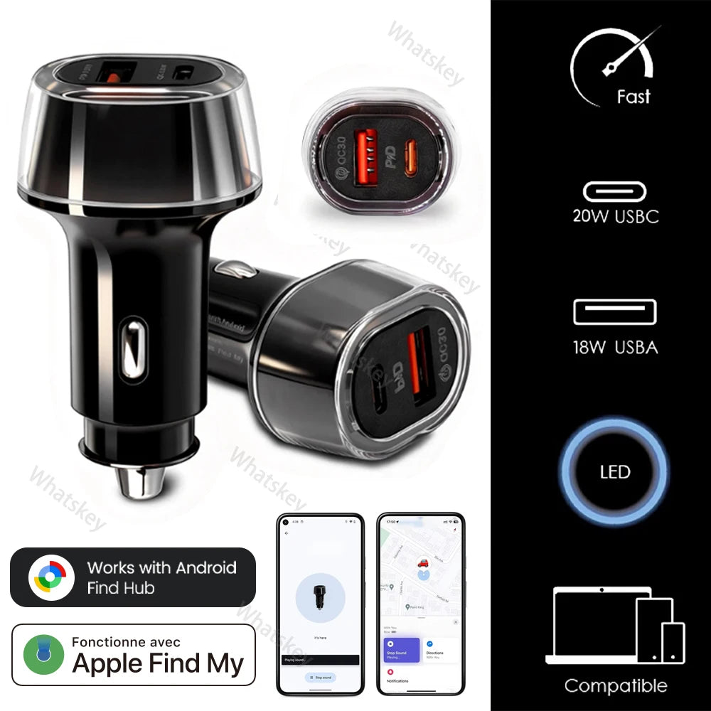 A black universal car phone charger and GPS tracker with LED light, compatible with Android and Apple Find My devices.