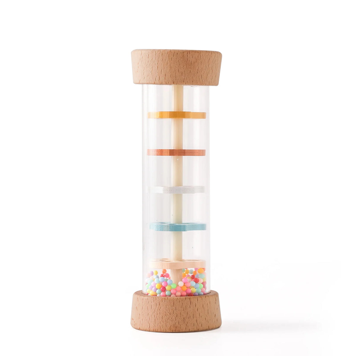 A wooden rainmaker musical toy with clear tubes and colorful beads, designed for babies.