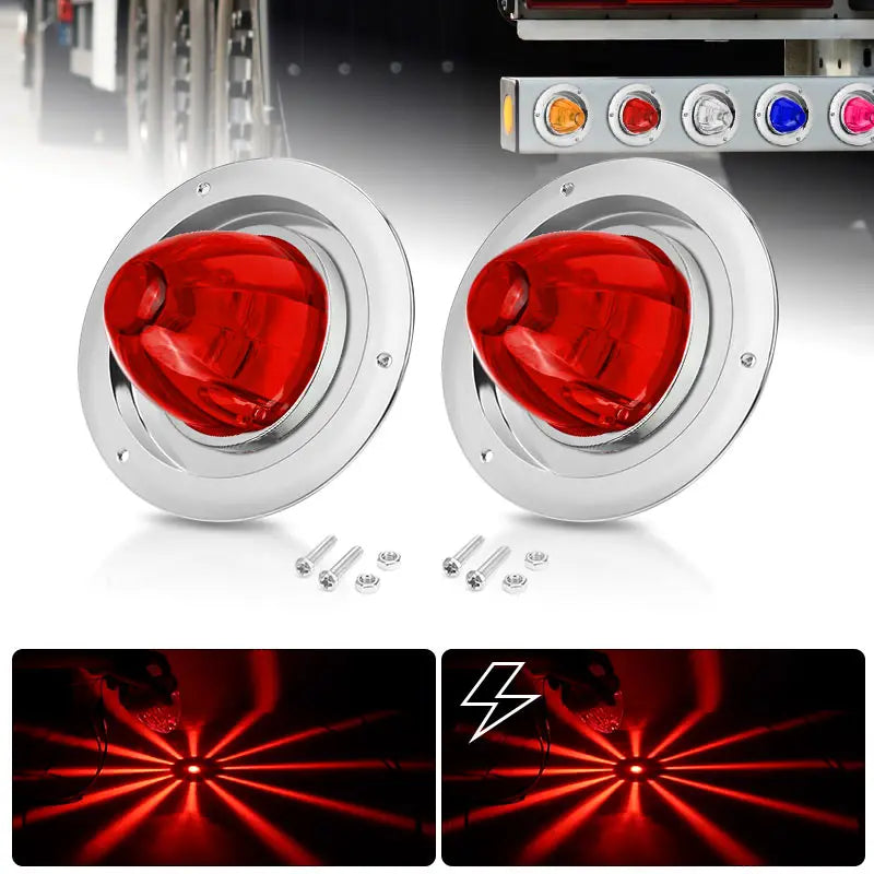 Two round red LED marker strobe lights for vehicles with mounting screws and a demonstration of the light pattern.