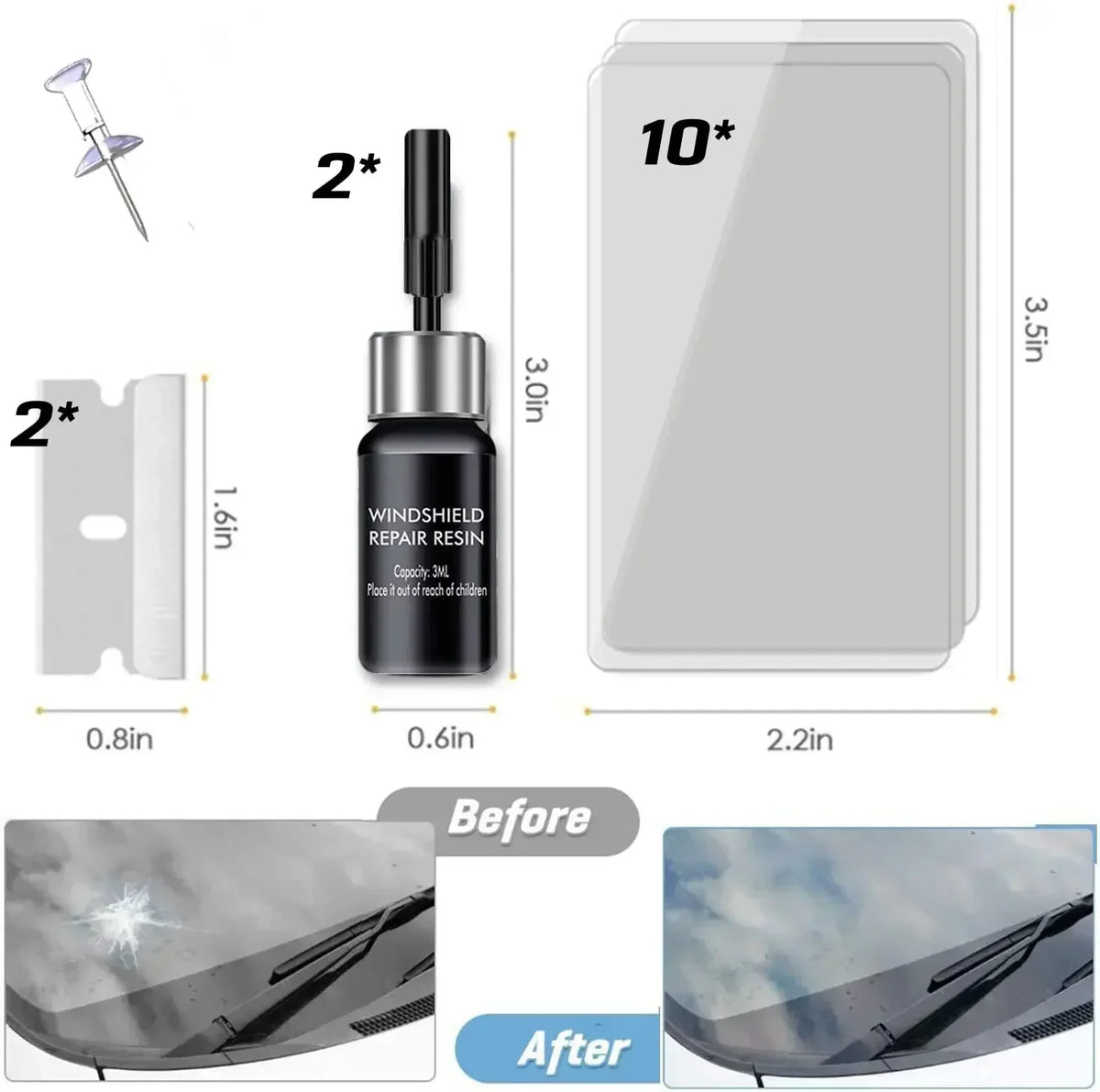 A professional windshield repair kit showing components for fixing cracks and chips on a car windshield.