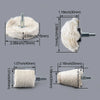 A set of three white polishing wheels with varying diameters and shank sizes for jewelry and metalwork.