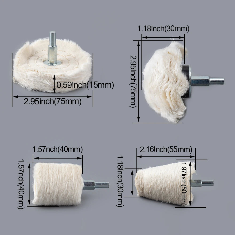 A set of three white polishing wheels with varying diameters and shank sizes for jewelry and metalwork.