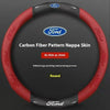 Red carbon fiber patterned nappa skin steering wheel cover for Ford vehicles