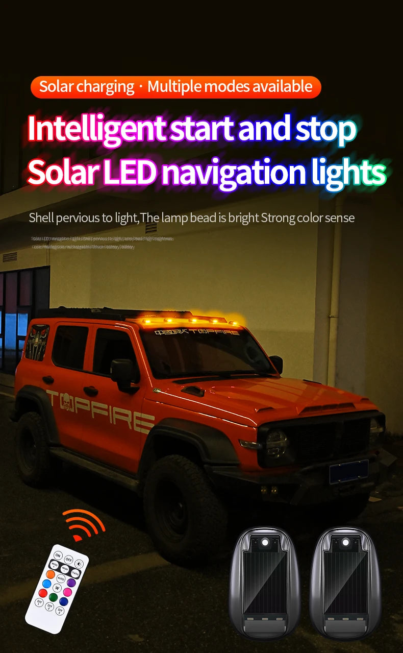 Orange Jeep with solar LED navigation lights and a remote control for start and stop functionality