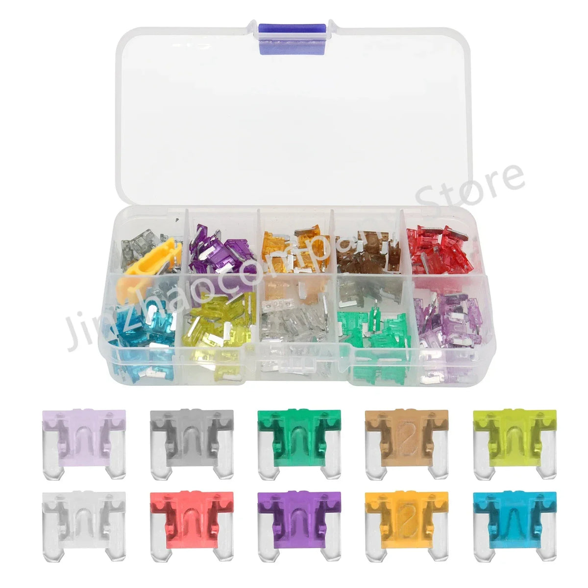 Clear plastic case containing an assortment of micro fuses in various colors and sizes.