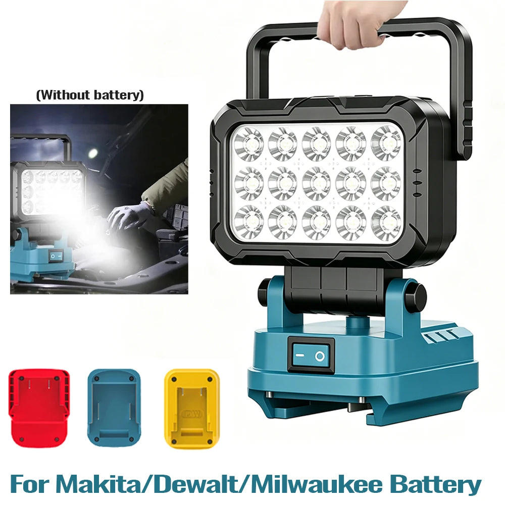 A portable LED work light is shown with various battery types for Makita, DeWalt, and Milwaukee power tools.
