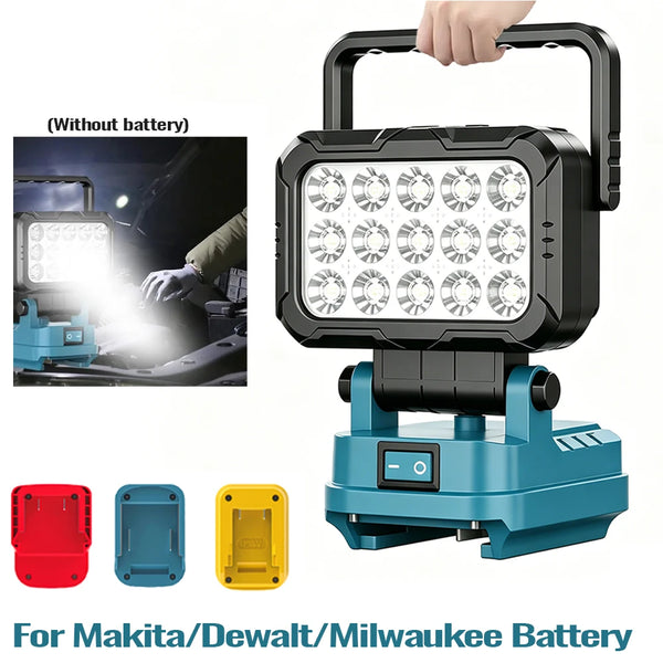 A portable LED work light is shown with various battery types for Makita, DeWalt, and Milwaukee power tools.