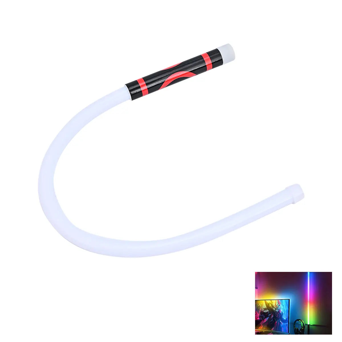 A flexible white LED light with a black and red striped handle, shown in a curved shape.