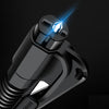 A close-up view of a black emergency car escape tool with a window breaker and seatbelt cutter, illuminated by a bright blue 