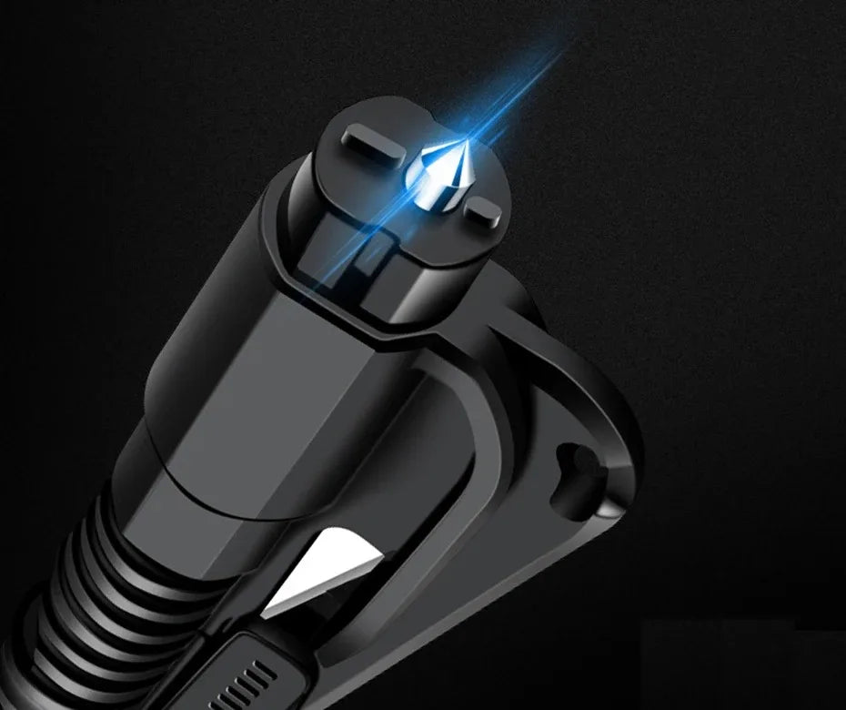 A close-up view of a black emergency car escape tool with a window breaker and seatbelt cutter, illuminated by a bright blue 