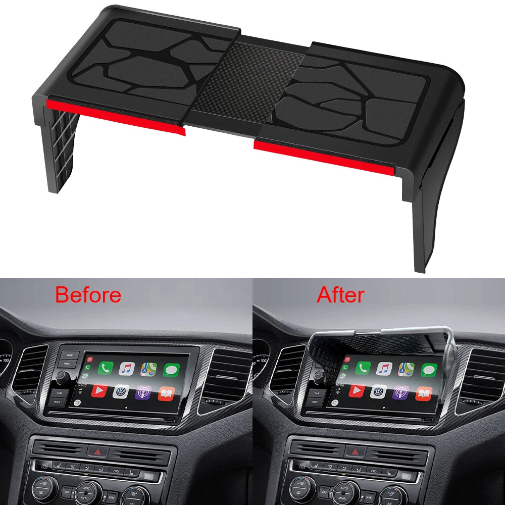 A black car GPS navigator sun shield with an adjustable visor shown before and after installation in a car dashboard.