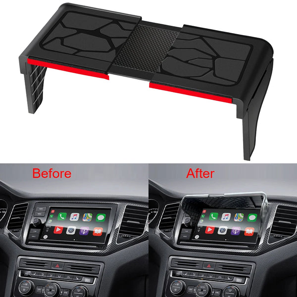 A black car GPS navigator sun shield with an adjustable visor shown before and after installation in a car dashboard.