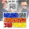 A collection of 220 insulated wire connectors and nuts in various colors including blue, black, orange, and yellow packaged i