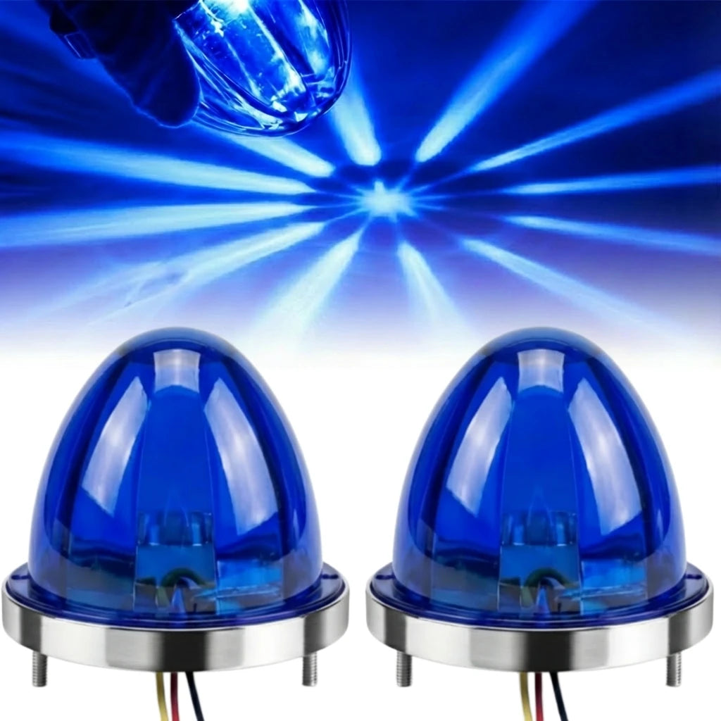 Two blue dome-shaped LED marker lights mounted on a silver base for trucks and trailers