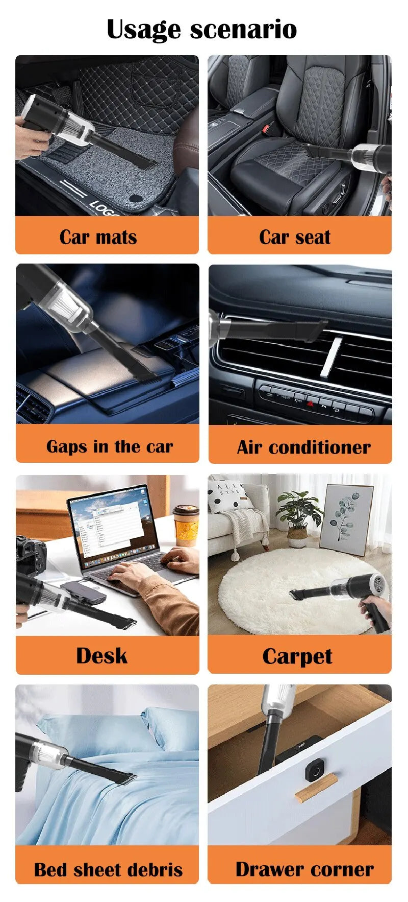 Collection de scénarios d'utilisation montrant un aspirateur de voiture sans fil haute puissance utilisé pour diverses tâches