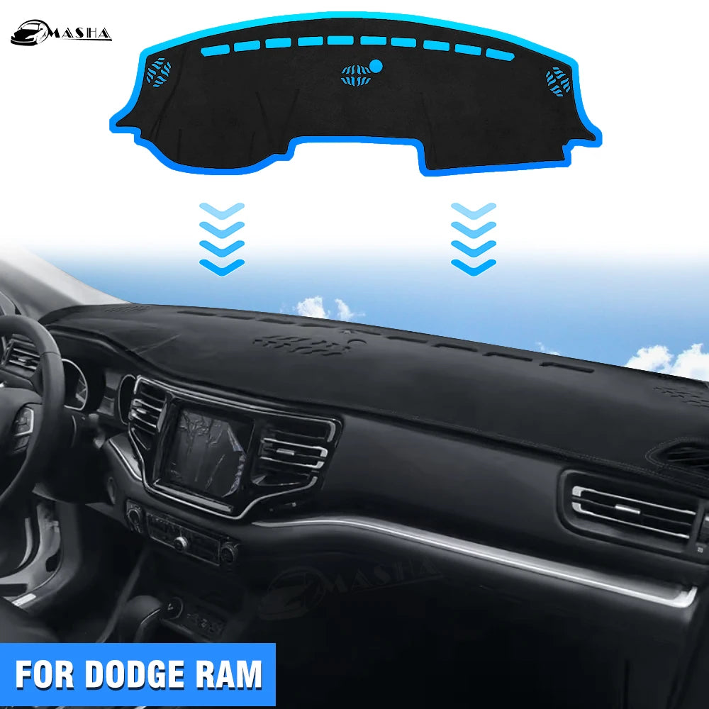 A custom fit dashboard mat for a Dodge Ram truck is shown, featuring an adjustable black cover.