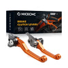 Set of precision aluminum brake and clutch levers for off-road bikes shown next to its packaging.
