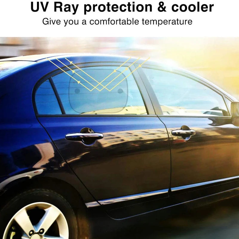 Voiture bleue avec pare-soleil pour pare-brise, offrant protection contre les rayons UV et le refroidissement.