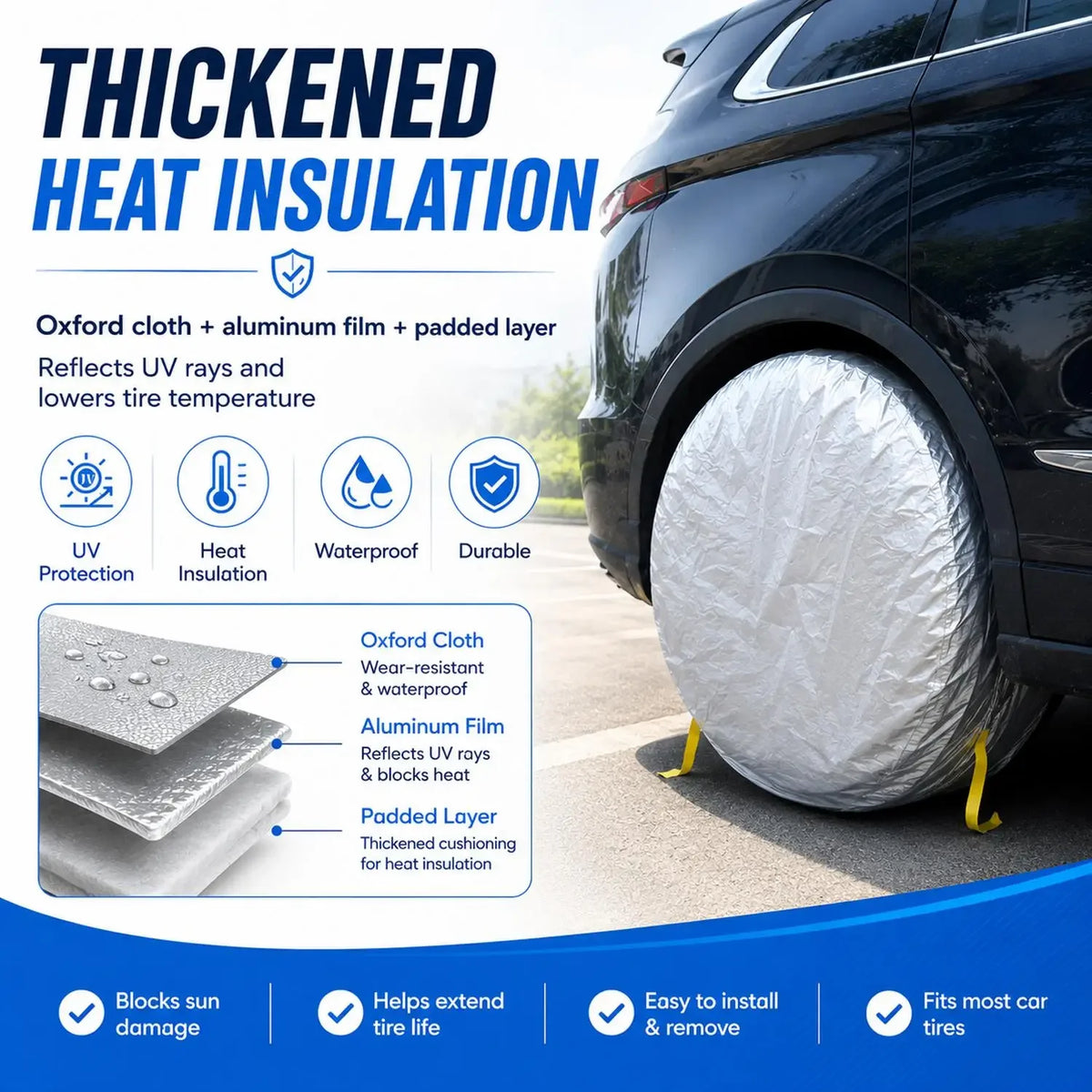 A black car tire is covered with a thick white heat insulation layer for UV protection and temperature regulation.