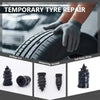 Hands applying a temporary tyre repair kit to a car tire, showing various thread repair tools.