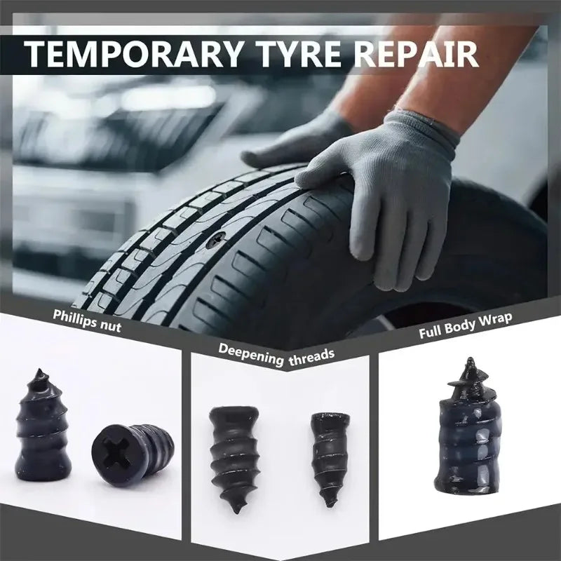 Hands applying a temporary tyre repair kit to a car tire, showing various thread repair tools.