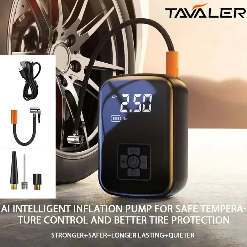 A black digital inflation pump is shown next to a car wheel, demonstrating an intelligent inflation system for tire protectio