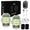A strobe light kit includes a main unit, a remote control, and two adhesive pads for wireless operation.