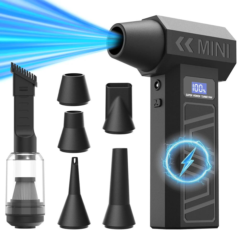 A black high-rpm brushless air blower with an LED light is shown alongside various nozzle attachments and a blue light beam.
